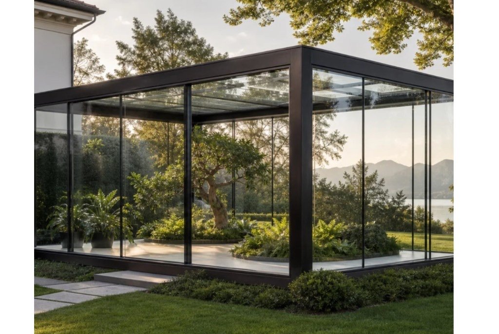 Structure Biome : cadre aluminium noir et triple vitrage, jardin face au lac