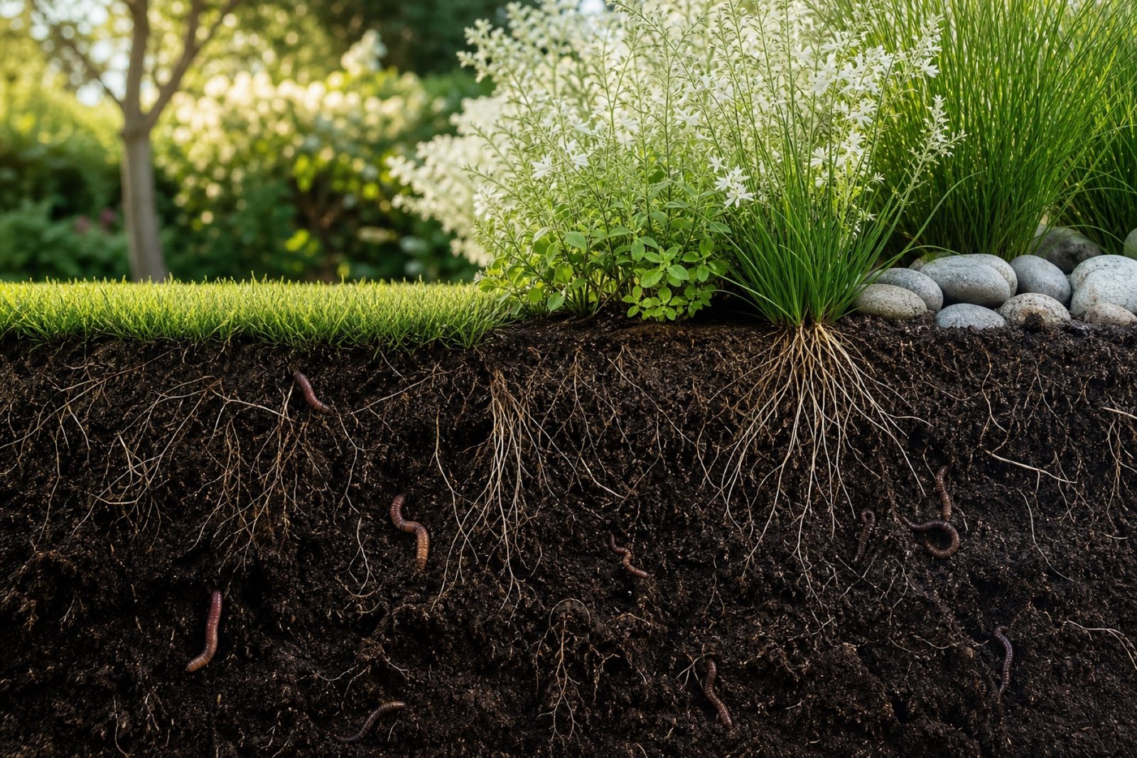 Coupe d’un jardin : gazon et plantations au-dessus, sol vivant, racines et vers de terre en dessous